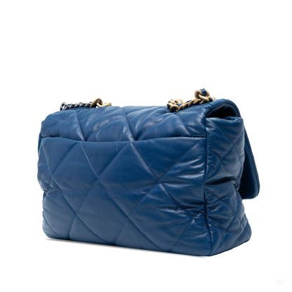 Second hand Chanel CHANEL 19 Maxi Lambskin Leather Matelassè Flap Handbag Blue - Tabita Bags