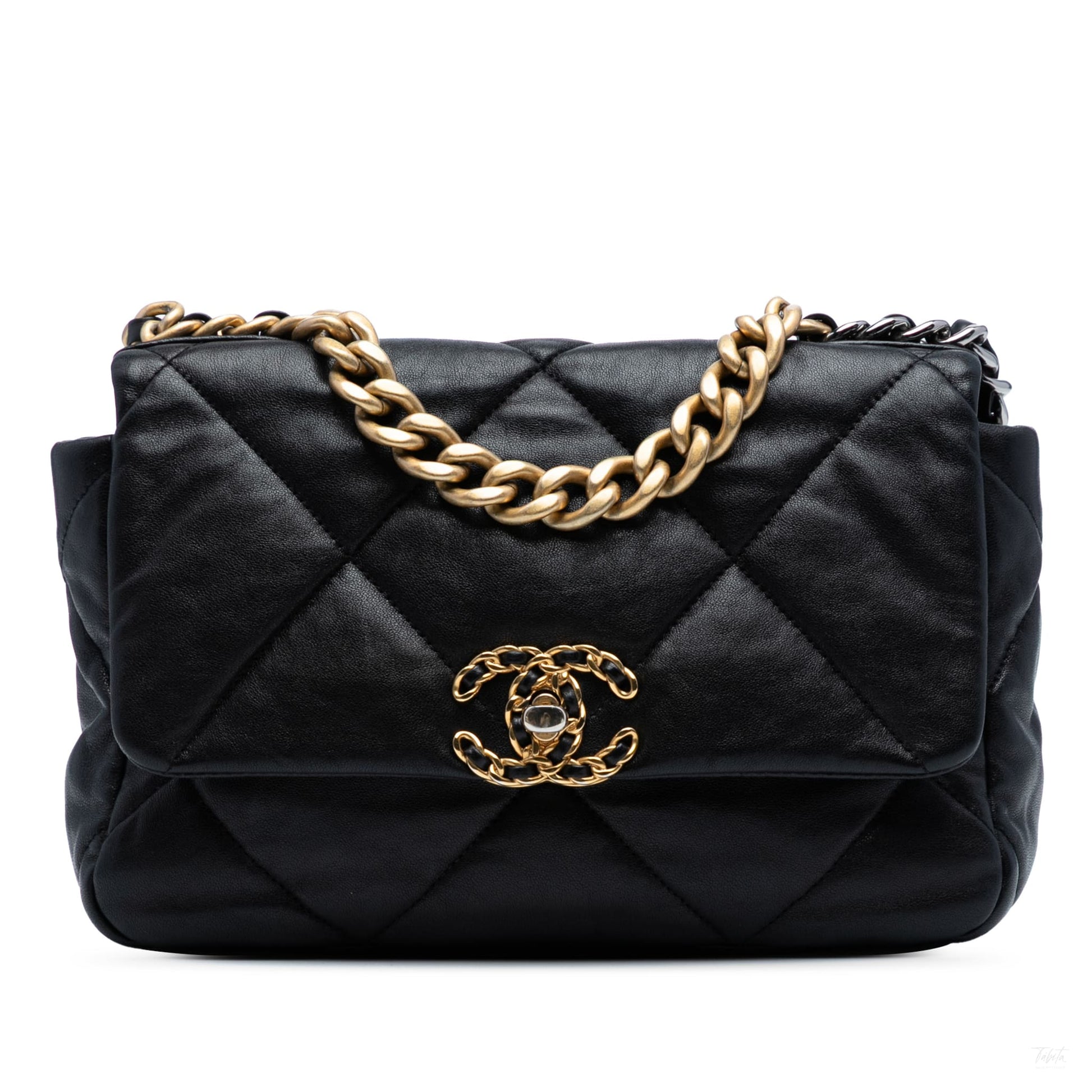 Second hand Chanel CHANEL 19 Medium Lambskin Leather Matelassè Flap Handbag Black - Tabita Bags