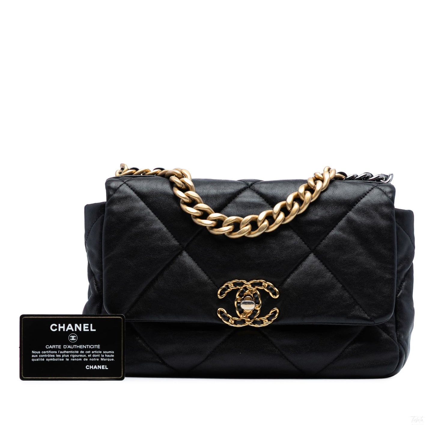 Second hand Chanel CHANEL 19 Medium Lambskin Leather Matelassè Flap Handbag Black - Tabita Bags