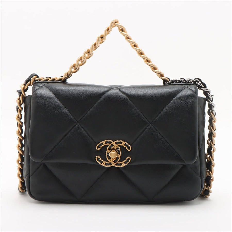 Second hand Chanel CHANEL 19 Medium Lambskin Leather Matelassè Flap Handbag Black - Tabita Bags