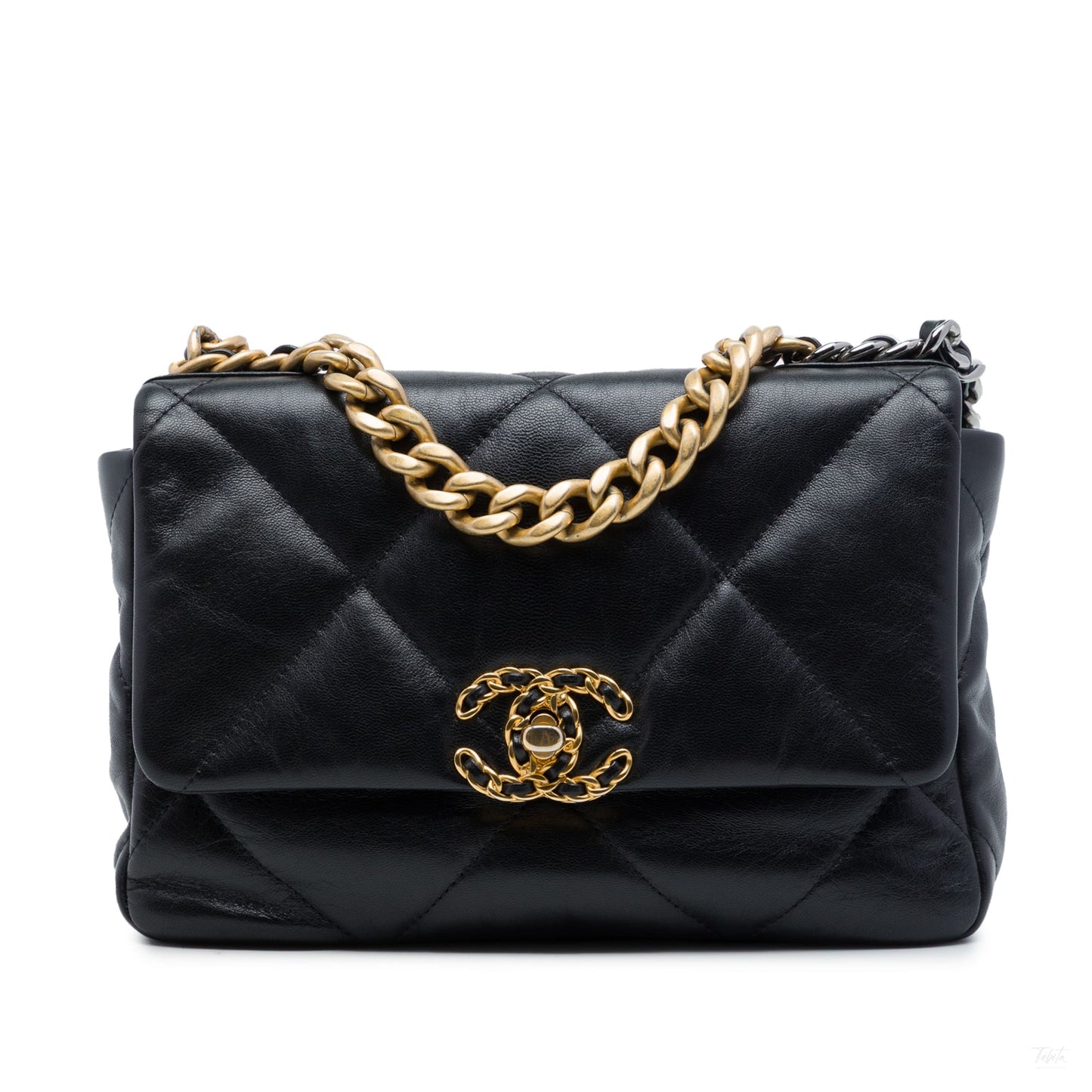 Second hand Chanel CHANEL 19 Medium Lambskin Leather Matelassè Flap Handbag Black - Tabita Bags