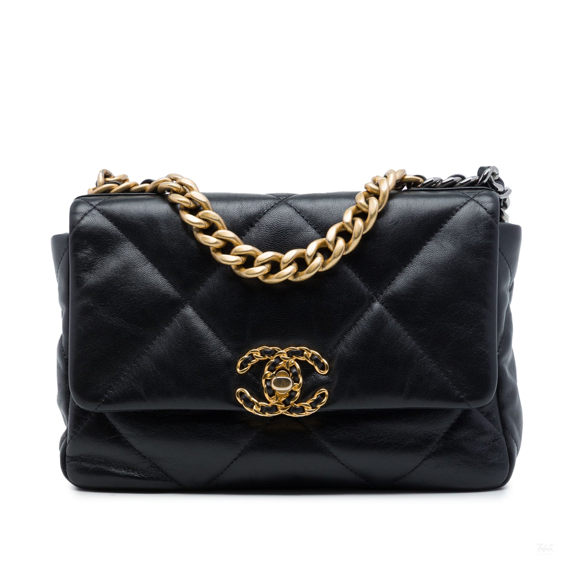 Second hand Chanel CHANEL 19 Medium Lambskin Leather Matelassè Flap Handbag Black - Tabita Bags