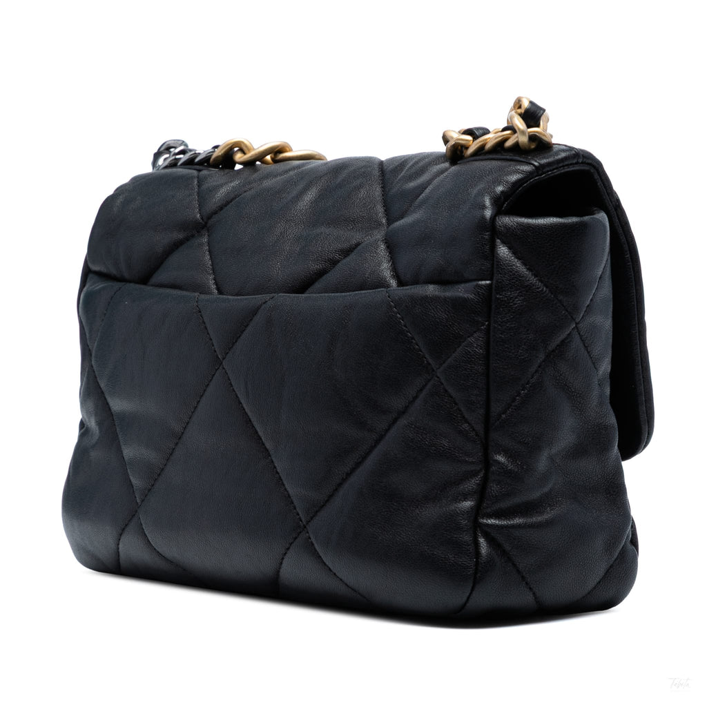 Second hand Chanel CHANEL 19 Medium Lambskin Leather Matelassè Flap Handbag Black - Tabita Bags