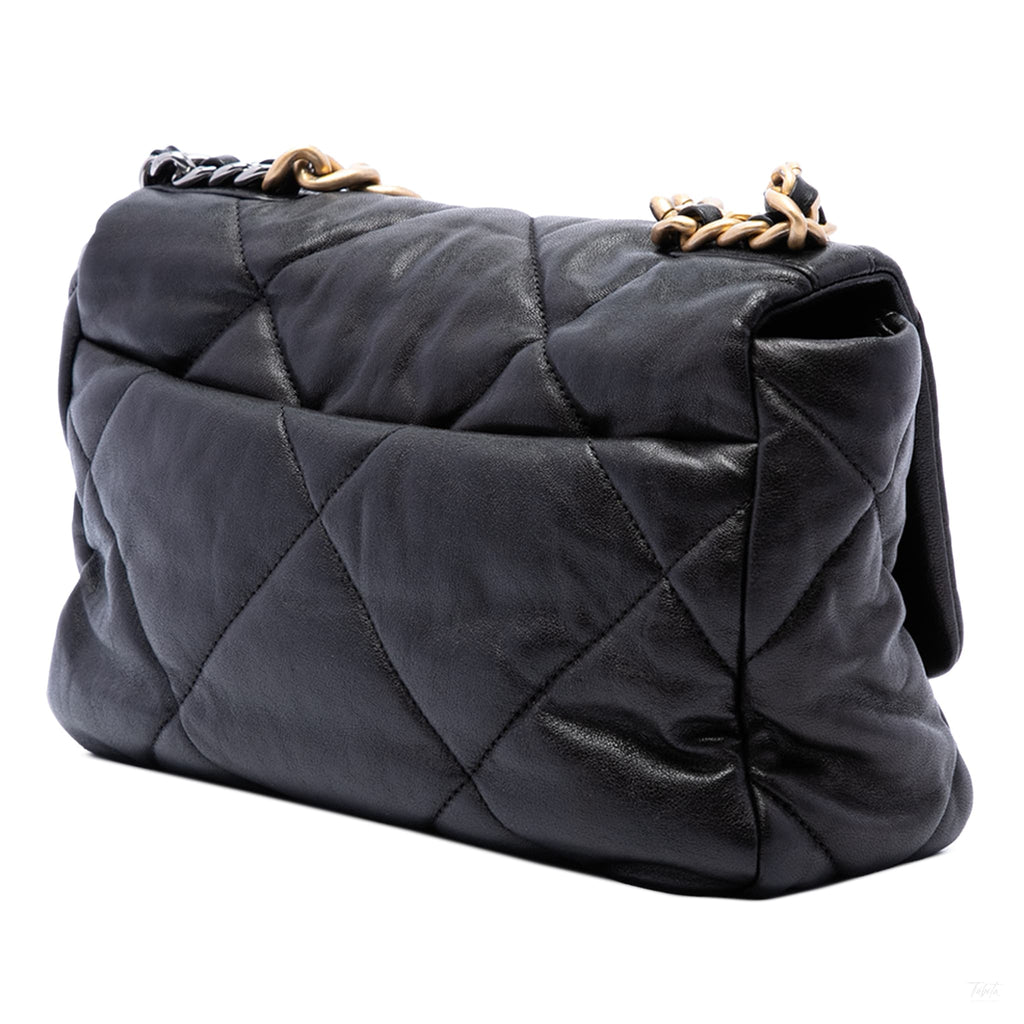 Second hand Chanel CHANEL 19 Medium Lambskin Leather Matelassè Flap Handbag Black - Tabita Bags