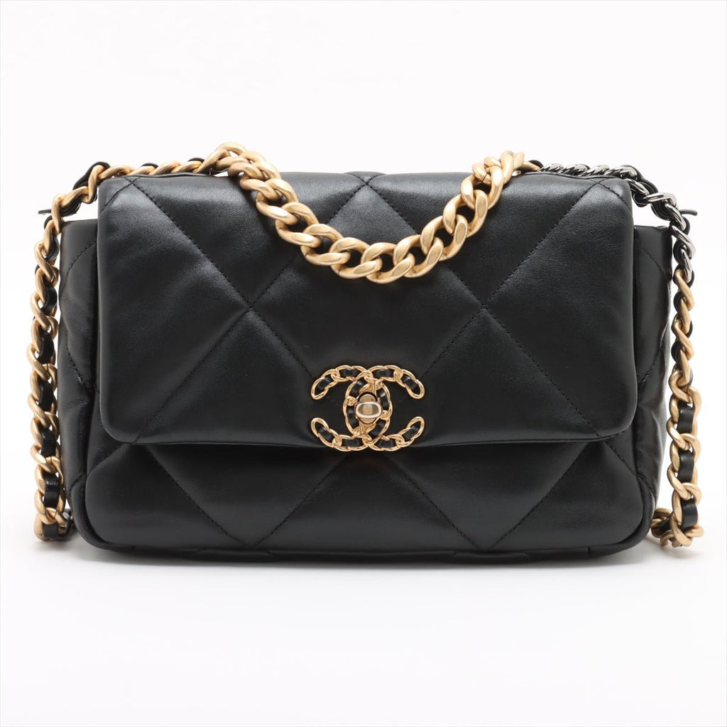 Second hand Chanel CHANEL 19 Medium Lambskin Leather Matelassè Flap Handbag Black - Tabita Bags