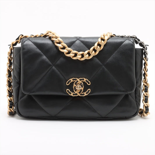 Second hand Chanel CHANEL 19 Medium Lambskin Leather Matelassè Flap Handbag Black - Tabita Bags