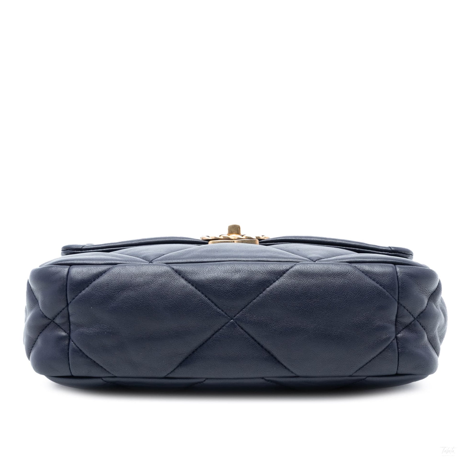 Second hand Chanel CHANEL 19 Medium Lambskin Leather Matelassè Flap Handbag Blue - Tabita Bags