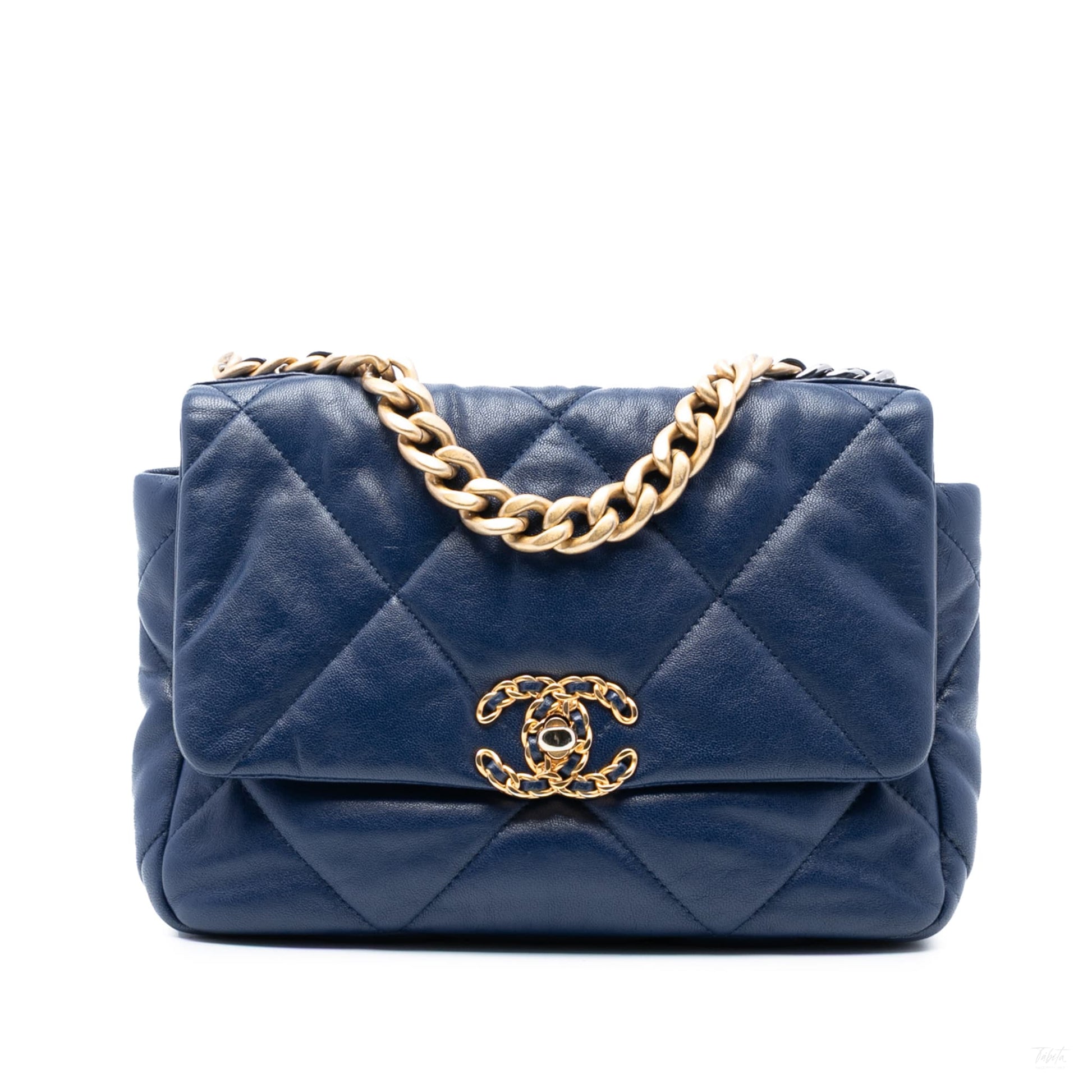 Second hand Chanel CHANEL 19 Medium Lambskin Leather Matelassè Flap Handbag Blue - Tabita Bags