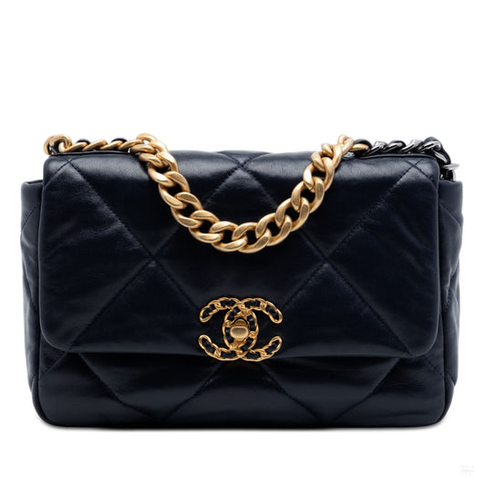Second hand Chanel CHANEL 19 Medium Lambskin Leather Matelassè Flap Handbag Blue - Tabita Bags