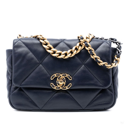 Second hand Chanel CHANEL 19 Medium Lambskin Leather Matelassè Flap Handbag Blue - Tabita Bags