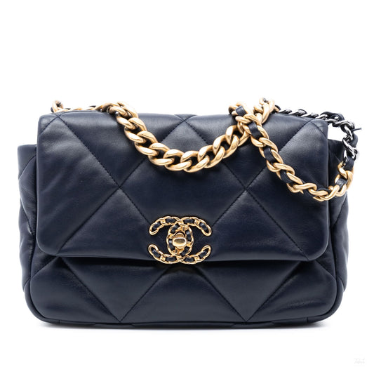 Second hand Chanel CHANEL 19 Medium Lambskin Leather Matelassè Flap Handbag Blue - Tabita Bags