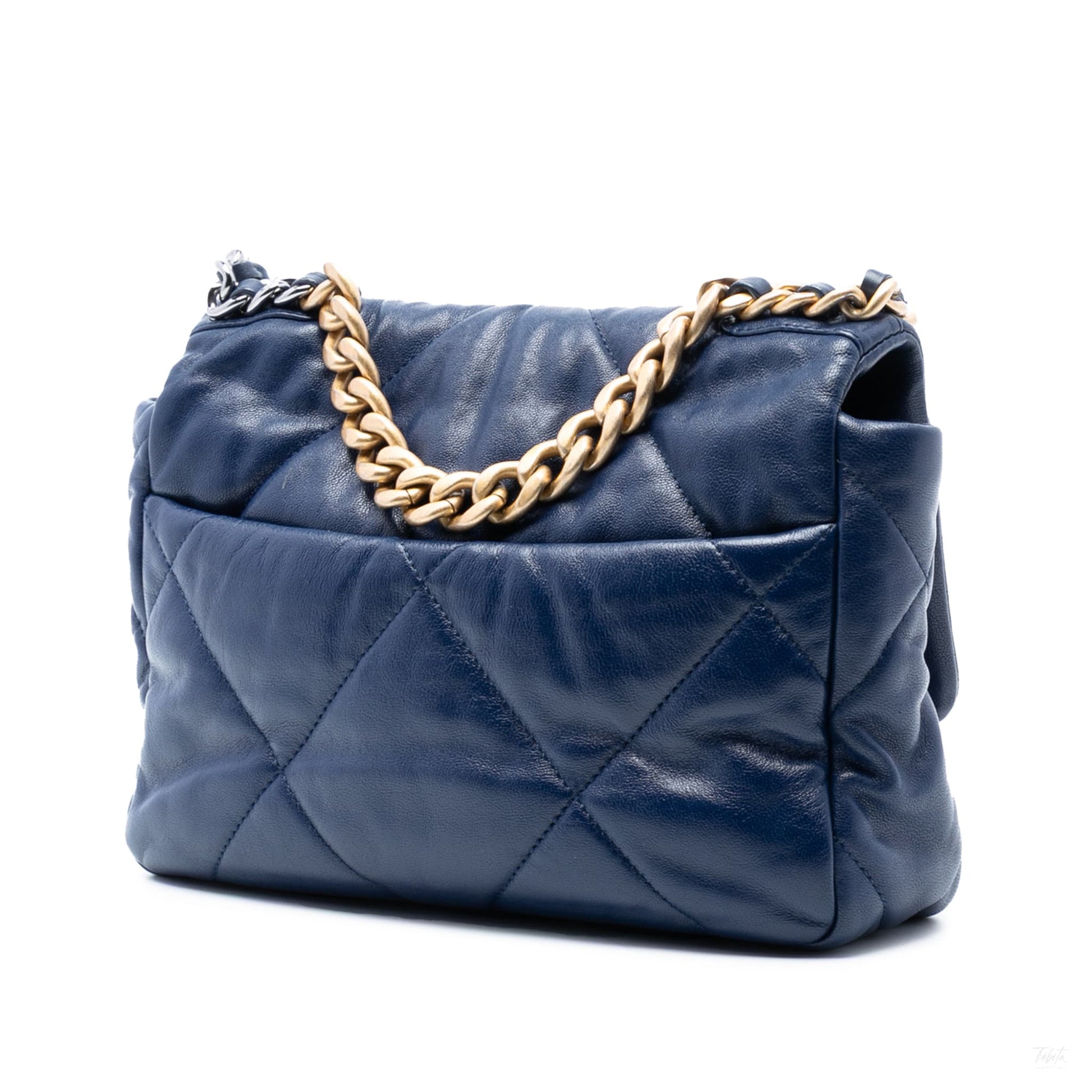 Second hand Chanel CHANEL 19 Medium Lambskin Leather Matelassè Flap Handbag Blue - Tabita Bags