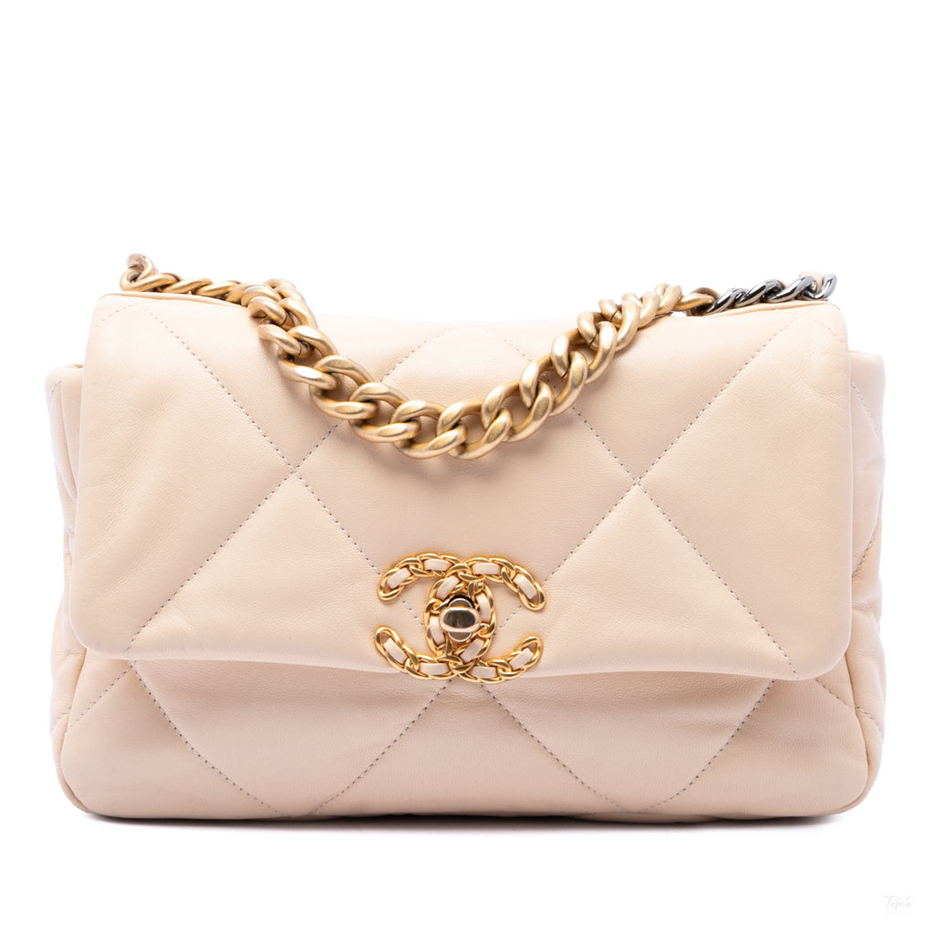 Second hand Chanel CHANEL 19 Medium Lambskin Leather Matelassè Flap Handbag Brown - Tabita Bags