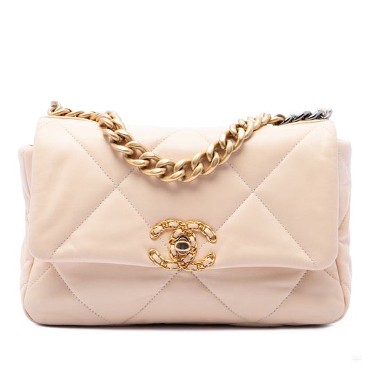 Second hand Chanel CHANEL 19 Medium Lambskin Leather Matelassè Flap Handbag Brown - Tabita Bags