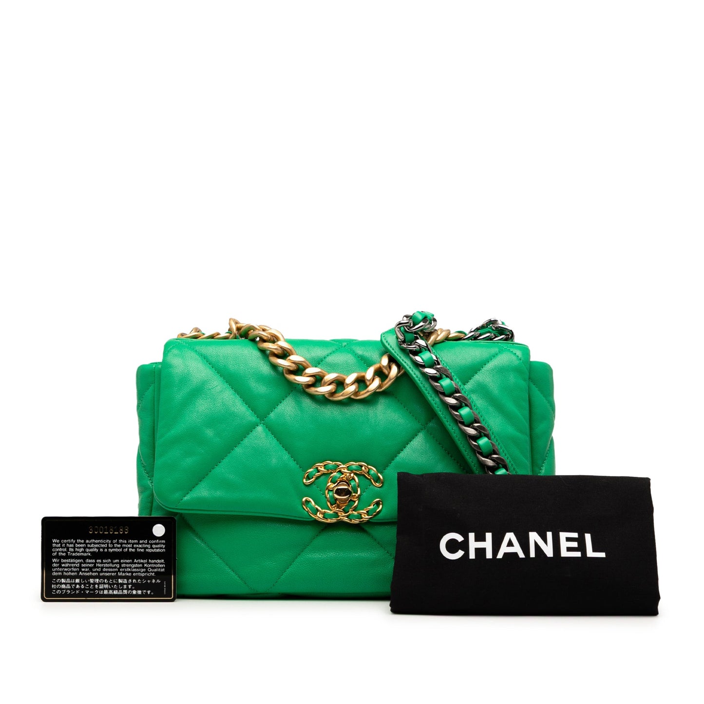 Second hand Chanel CHANEL 19 Medium Lambskin Leather Matelassè Flap Handbag Green - Tabita Bags