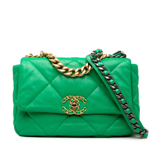 Second hand Chanel CHANEL 19 Medium Lambskin Leather Matelassè Flap Handbag Green - Tabita Bags