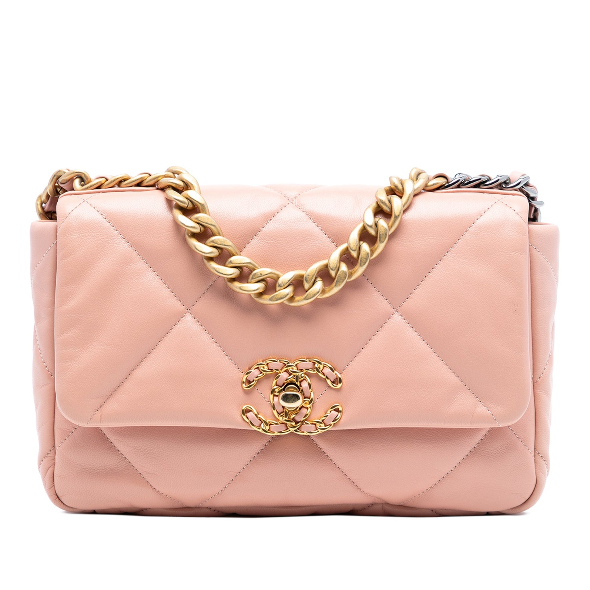 Second hand Chanel CHANEL 19 Medium Lambskin Leather Matelassè Flap Handbag Pink - Tabita Bags
