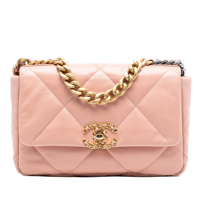 Second hand Chanel CHANEL 19 Medium Lambskin Leather Matelassè Flap Handbag Pink - Tabita Bags