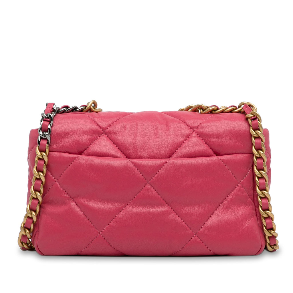 Second hand Chanel CHANEL 19 Medium Lambskin Leather Matelassè Flap Handbag Pink - Tabita Bags