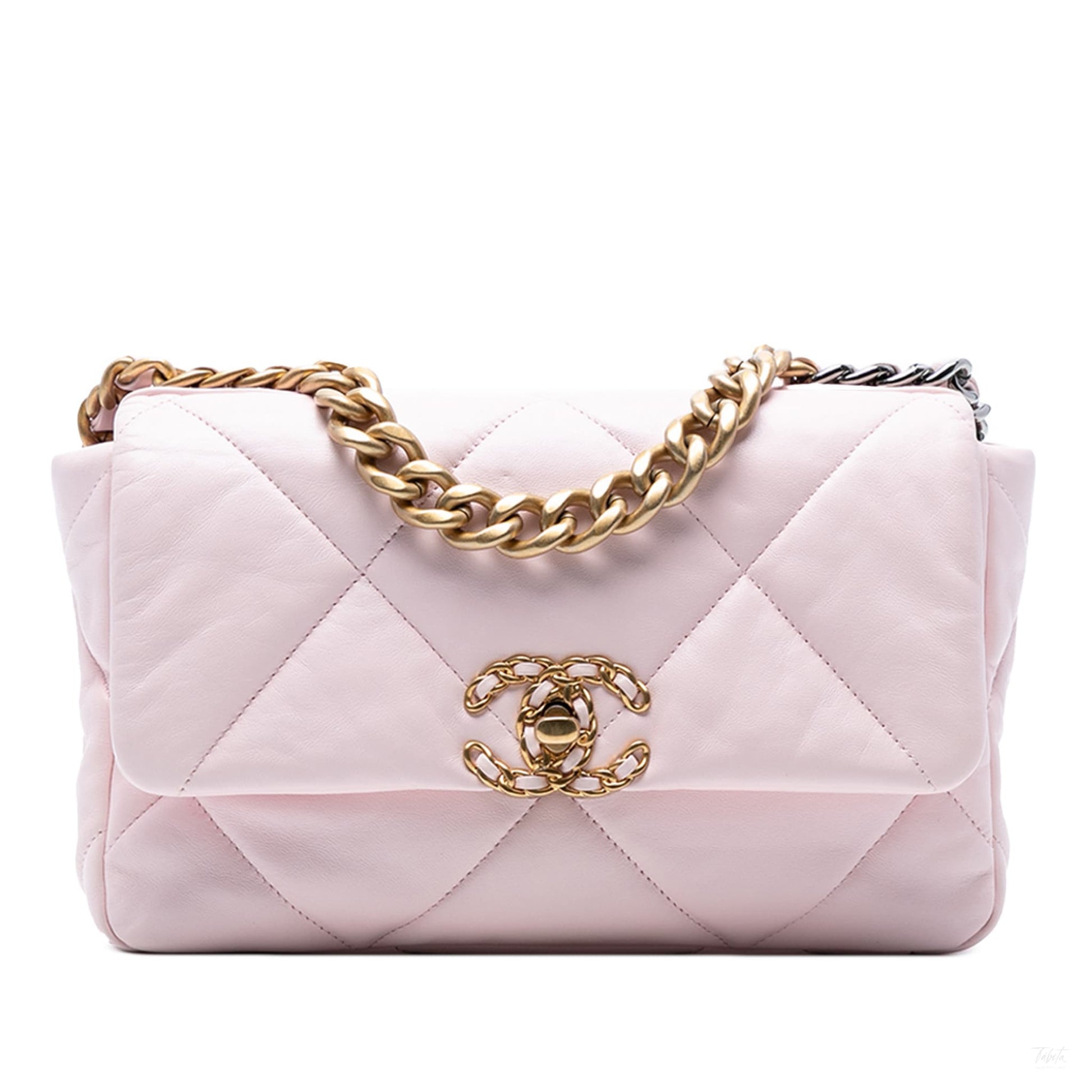 Second hand Chanel CHANEL 19 Medium Lambskin Leather Matelassè Flap Handbag Pink - Tabita Bags