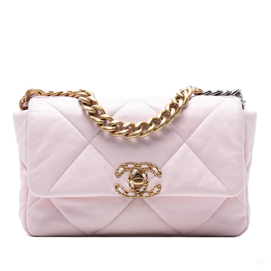 Second hand Chanel CHANEL 19 Medium Lambskin Leather Matelassè Flap Handbag Pink - Tabita Bags