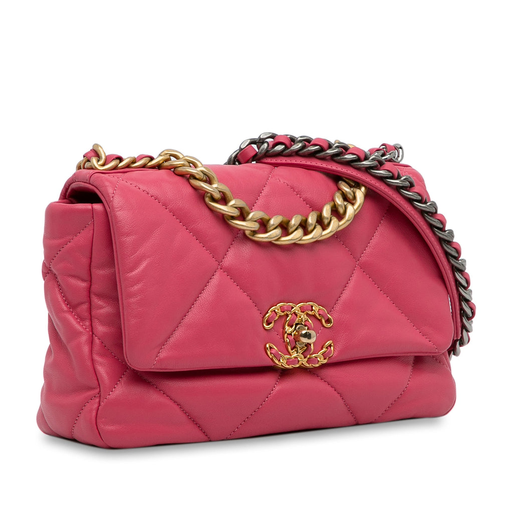 Second hand Chanel CHANEL 19 Medium Lambskin Leather Matelassè Flap Handbag Pink - Tabita Bags