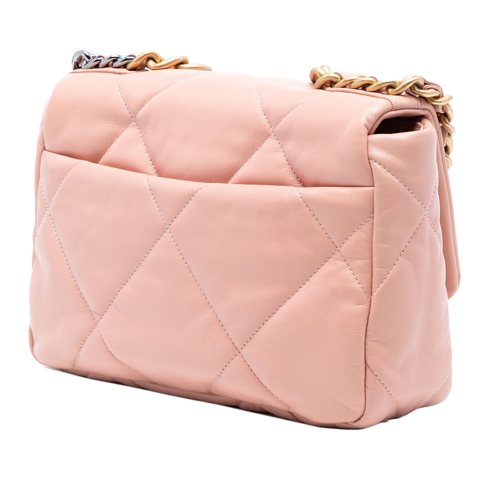 Second hand Chanel CHANEL 19 Medium Lambskin Leather Matelassè Flap Handbag Pink - Tabita Bags