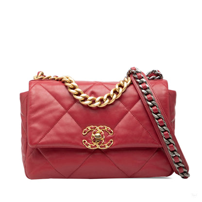 Second hand Chanel CHANEL 19 Medium Lambskin Leather Matelassè Flap Handbag Red - Tabita Bags