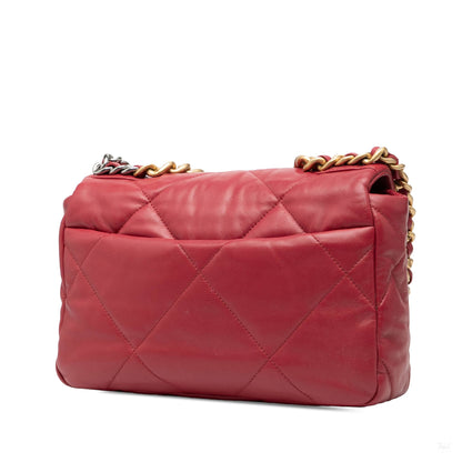 Second hand Chanel CHANEL 19 Medium Lambskin Leather Matelassè Flap Handbag Red - Tabita Bags