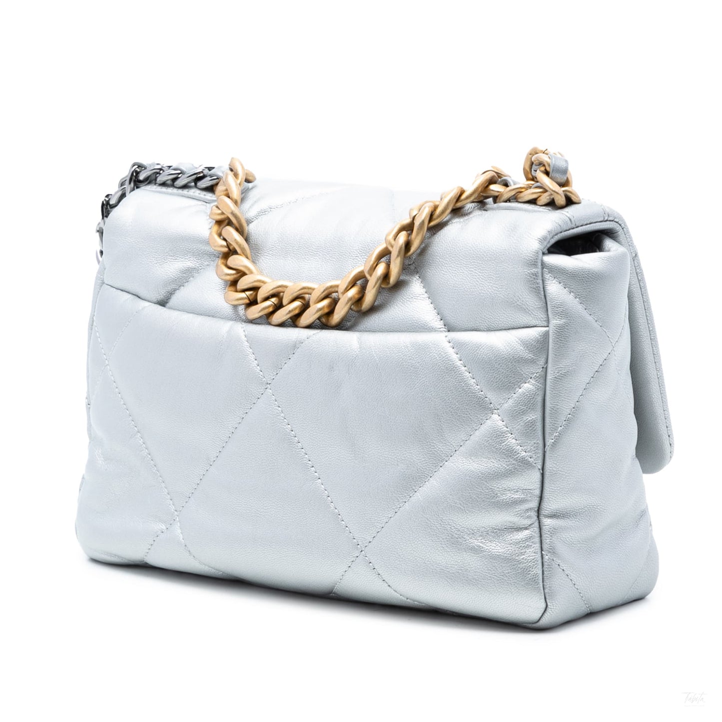 Second hand Chanel CHANEL 19 Medium Lambskin Leather Matelassè Flap Handbag Silver - Tabita Bags