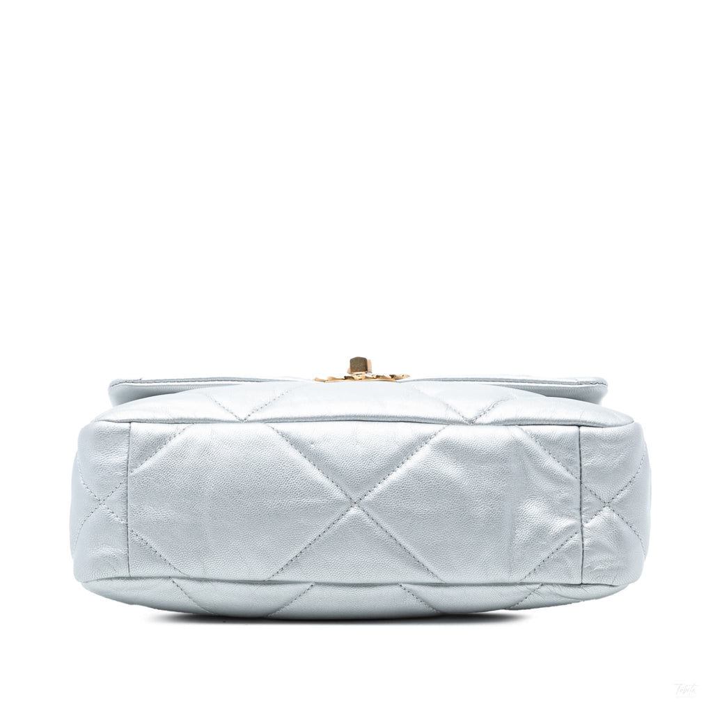 Second hand Chanel CHANEL 19 Medium Lambskin Leather Matelassè Flap Handbag Silver - Tabita Bags