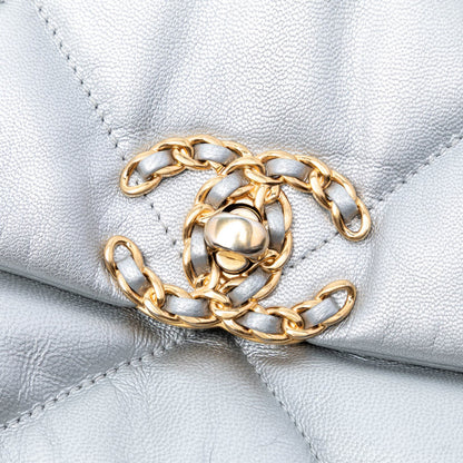 Second hand Chanel CHANEL 19 Medium Lambskin Leather Matelassè Flap Handbag Silver - Tabita Bags