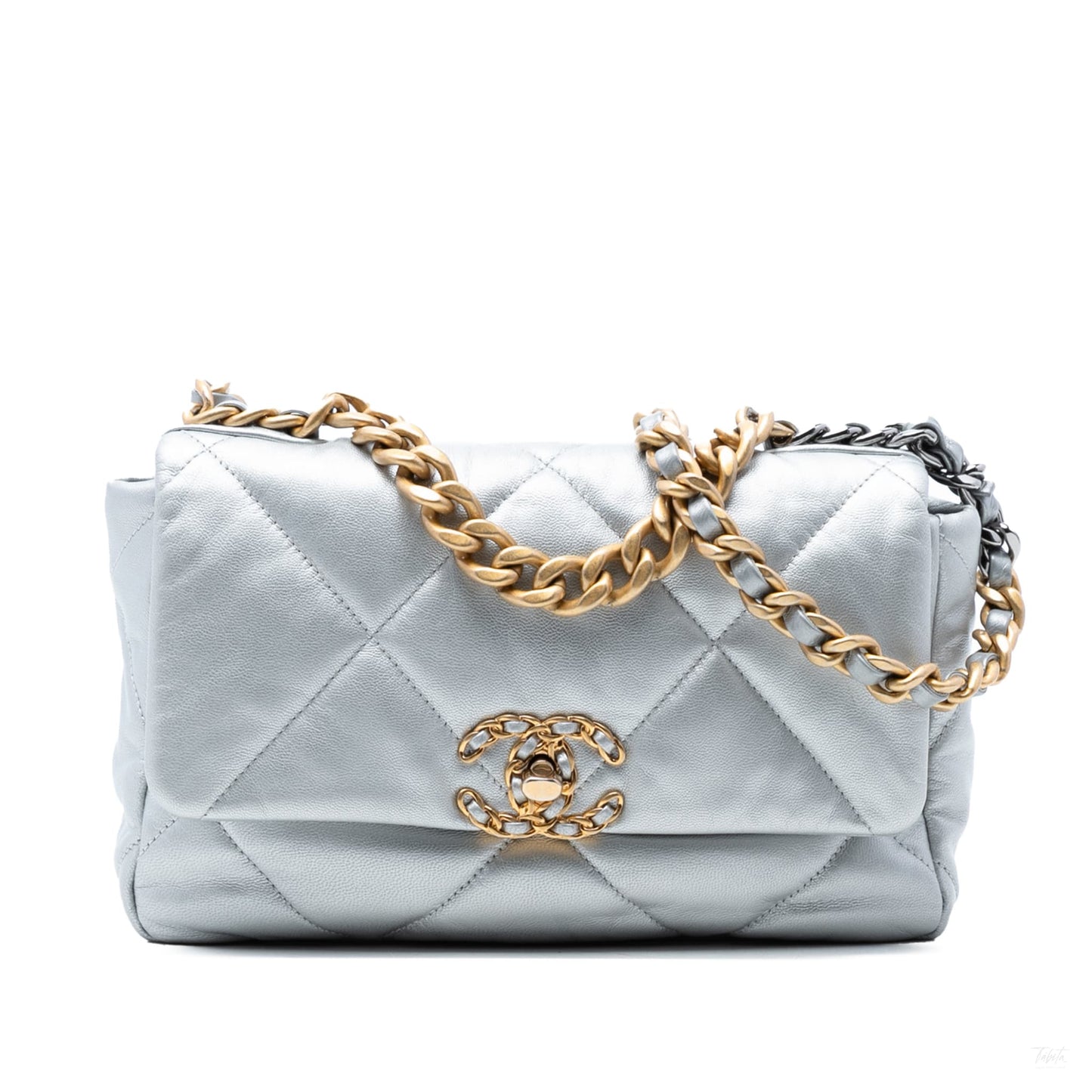 Second hand Chanel CHANEL 19 Medium Lambskin Leather Matelassè Flap Handbag Silver - Tabita Bags
