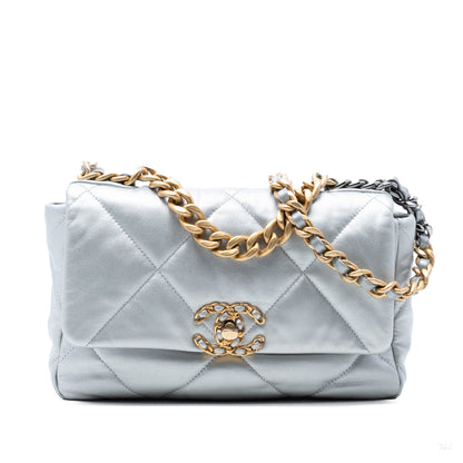 Second hand Chanel CHANEL 19 Medium Lambskin Leather Matelassè Flap Handbag Silver - Tabita Bags