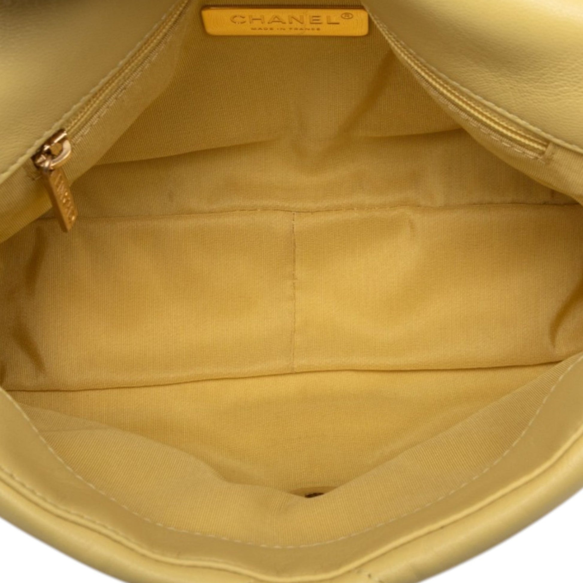 Second hand Chanel CHANEL 19 Medium Lambskin Leather Matelassè Flap Handbag Yellow - Tabita Bags