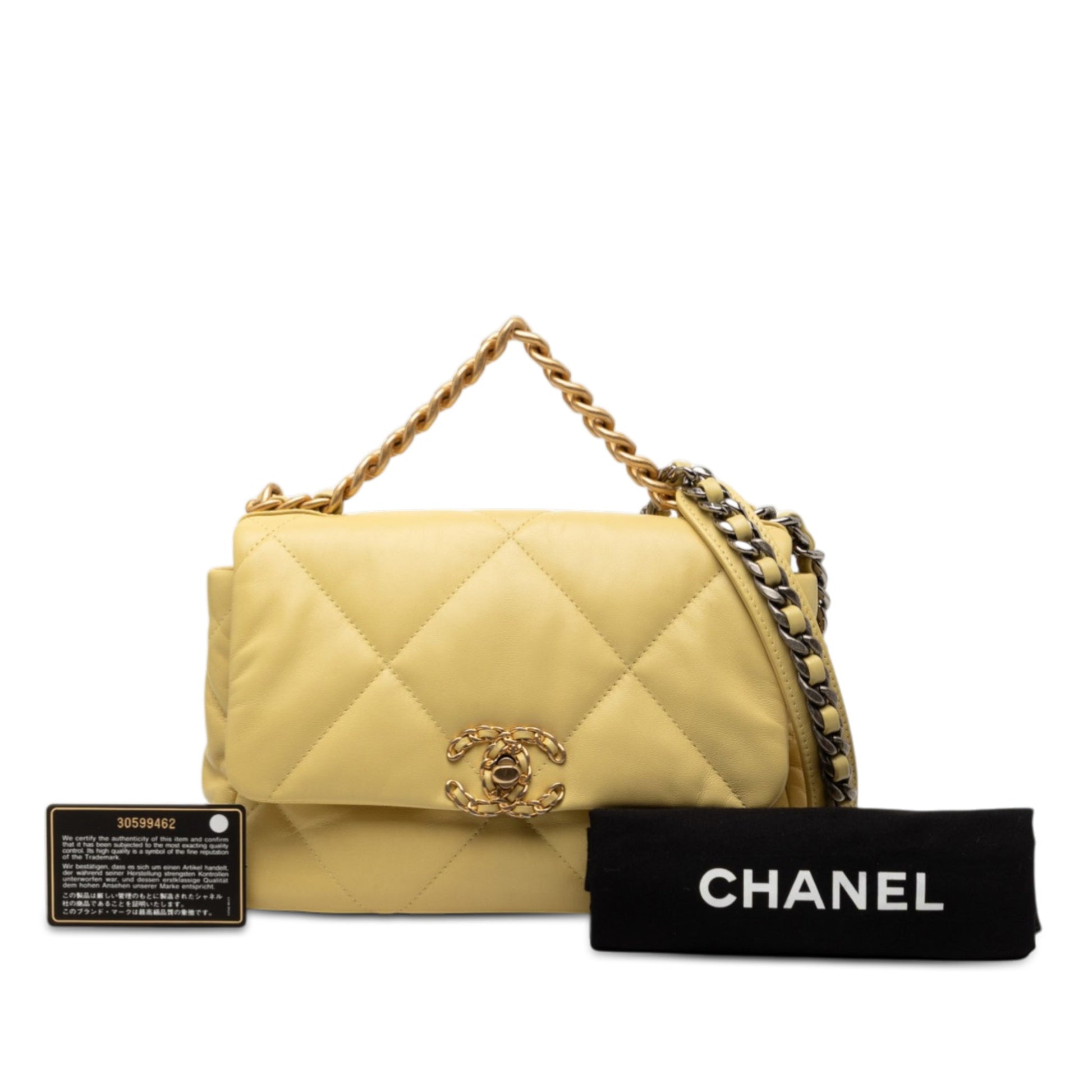 Second hand Chanel CHANEL 19 Medium Lambskin Leather Matelassè Flap Handbag Yellow - Tabita Bags