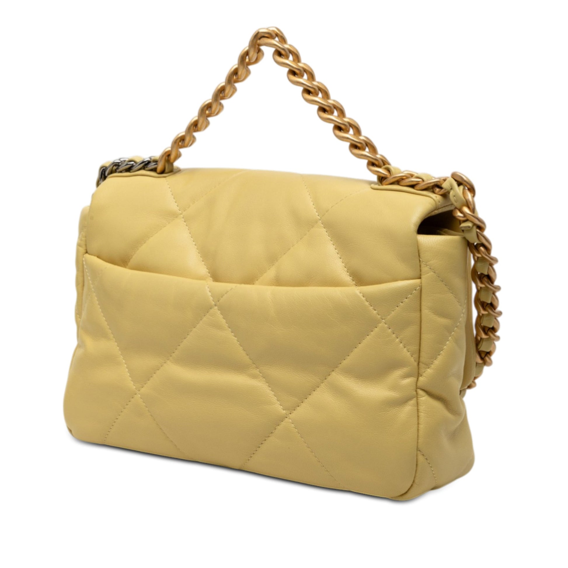 Second hand Chanel CHANEL 19 Medium Lambskin Leather Matelassè Flap Handbag Yellow - Tabita Bags