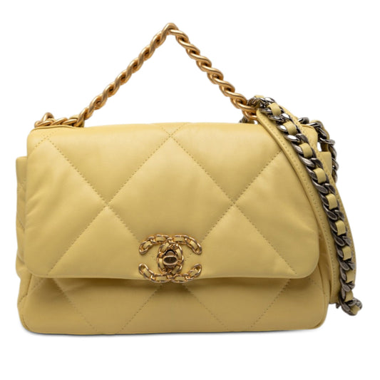 Second hand Chanel CHANEL 19 Medium Lambskin Leather Matelassè Flap Handbag Yellow - Tabita Bags