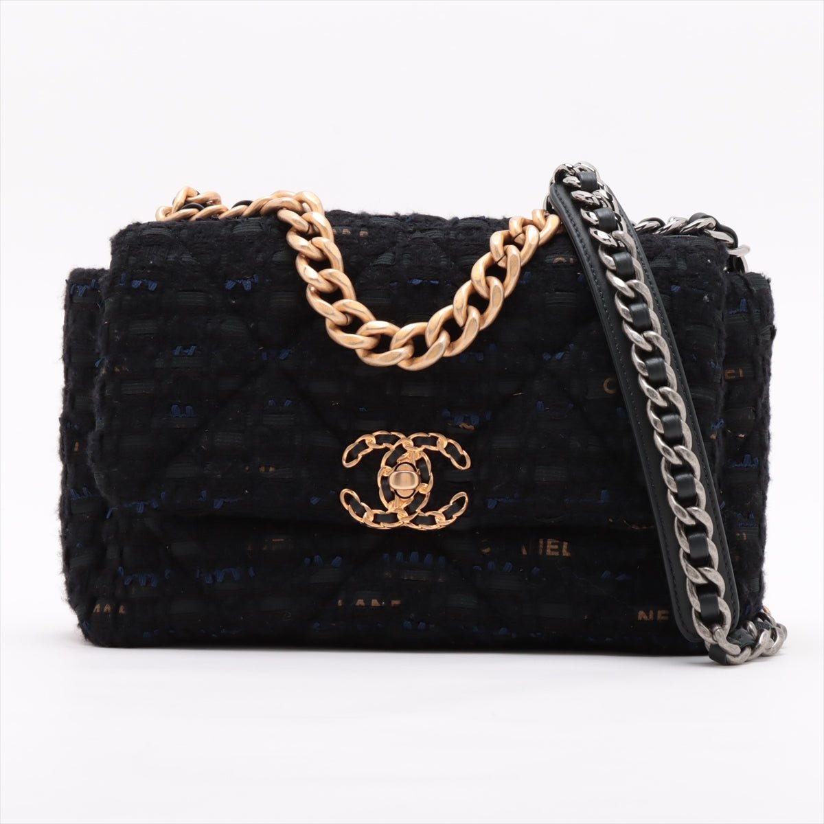 Second hand Chanel CHANEL 19 Medium Matelassè Tweed 2 - Ways Flap Handbag Navy & Black - Tabita Bags