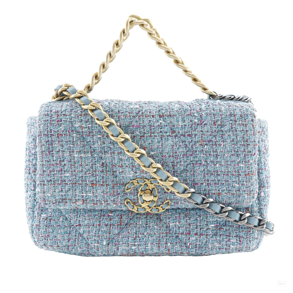 Second hand Chanel CHANEL 19 Medium Tweed Matelassè Flap Handbag Blue - Tabita Bags