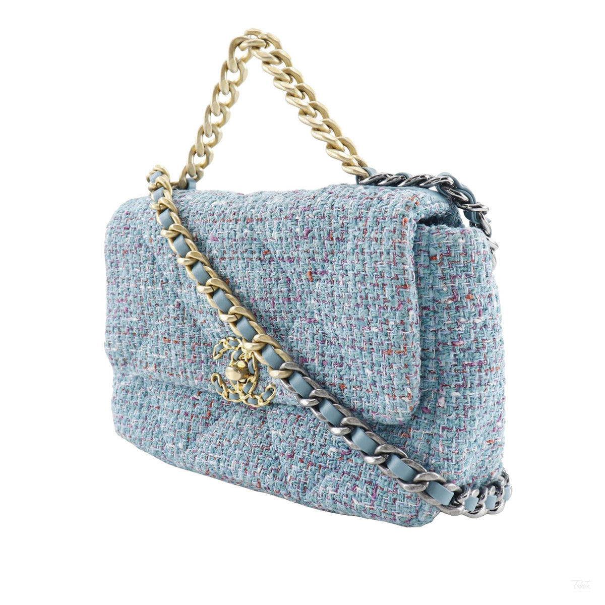 Second hand Chanel CHANEL 19 Medium Tweed Matelassè Flap Handbag Blue - Tabita Bags