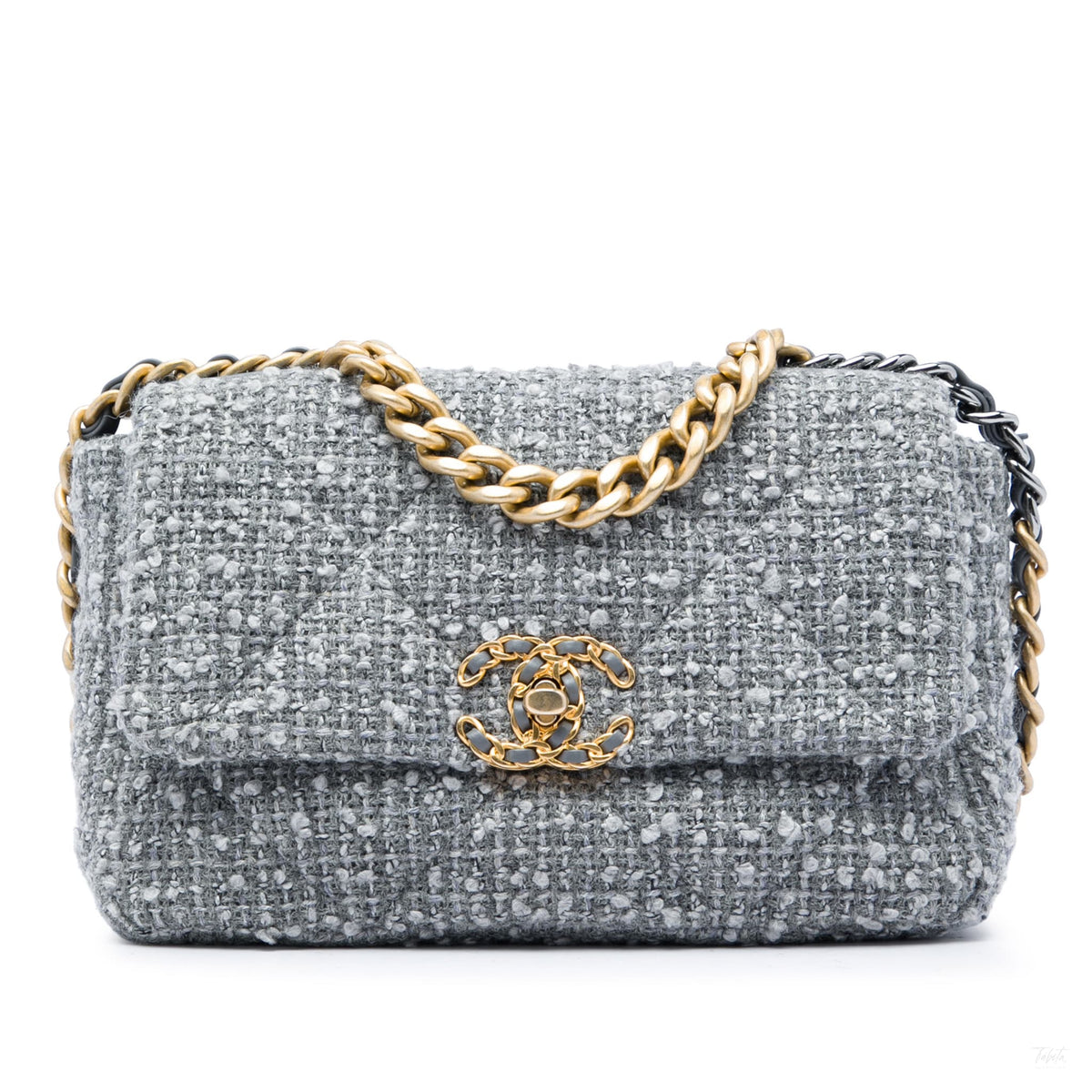 Second hand Chanel CHANEL 19 Medium Tweed Matelassè Flap Handbag Grey - Tabita Bags