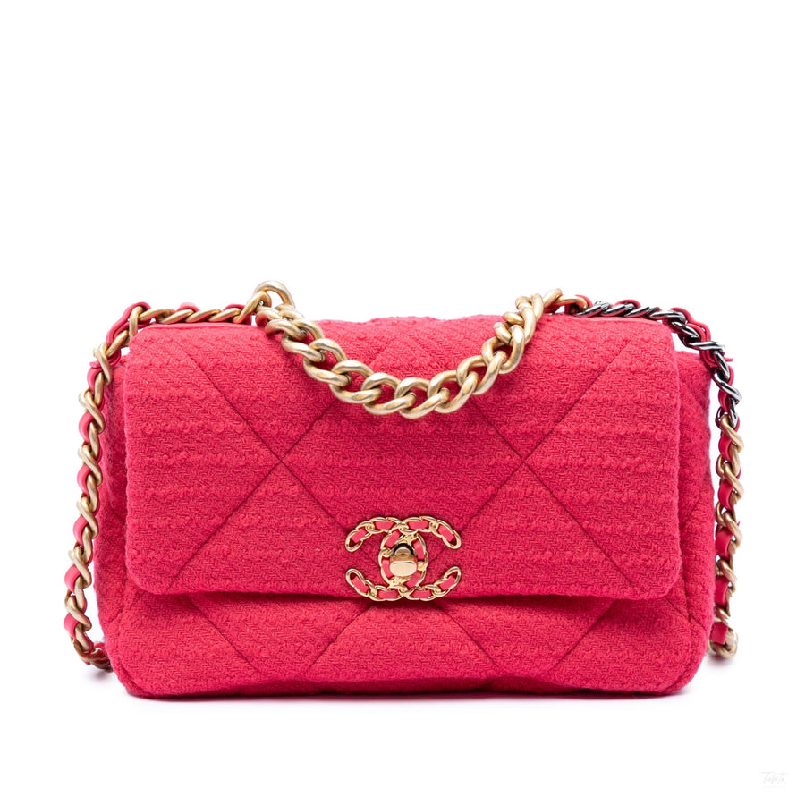 Second hand Chanel CHANEL 19 Medium Tweed Matelassè Flap Handbag Pink - Tabita Bags