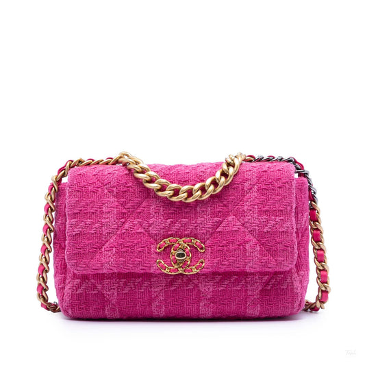 Second hand Chanel CHANEL 19 Medium Tweed Matelassè Flap Handbag Pink - Tabita Bags