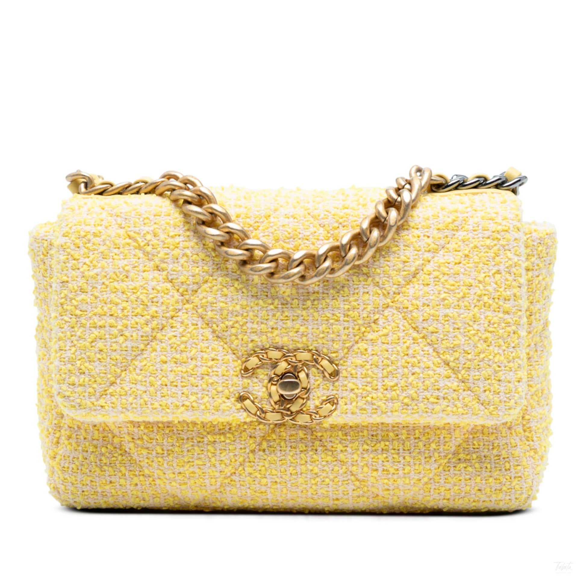 Second hand Chanel CHANEL 19 Medium Tweed Matelassè Flap Handbag Yellow - Tabita Bags