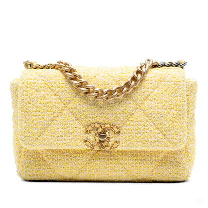 Second hand Chanel CHANEL 19 Medium Tweed Matelassè Flap Handbag Yellow - Tabita Bags