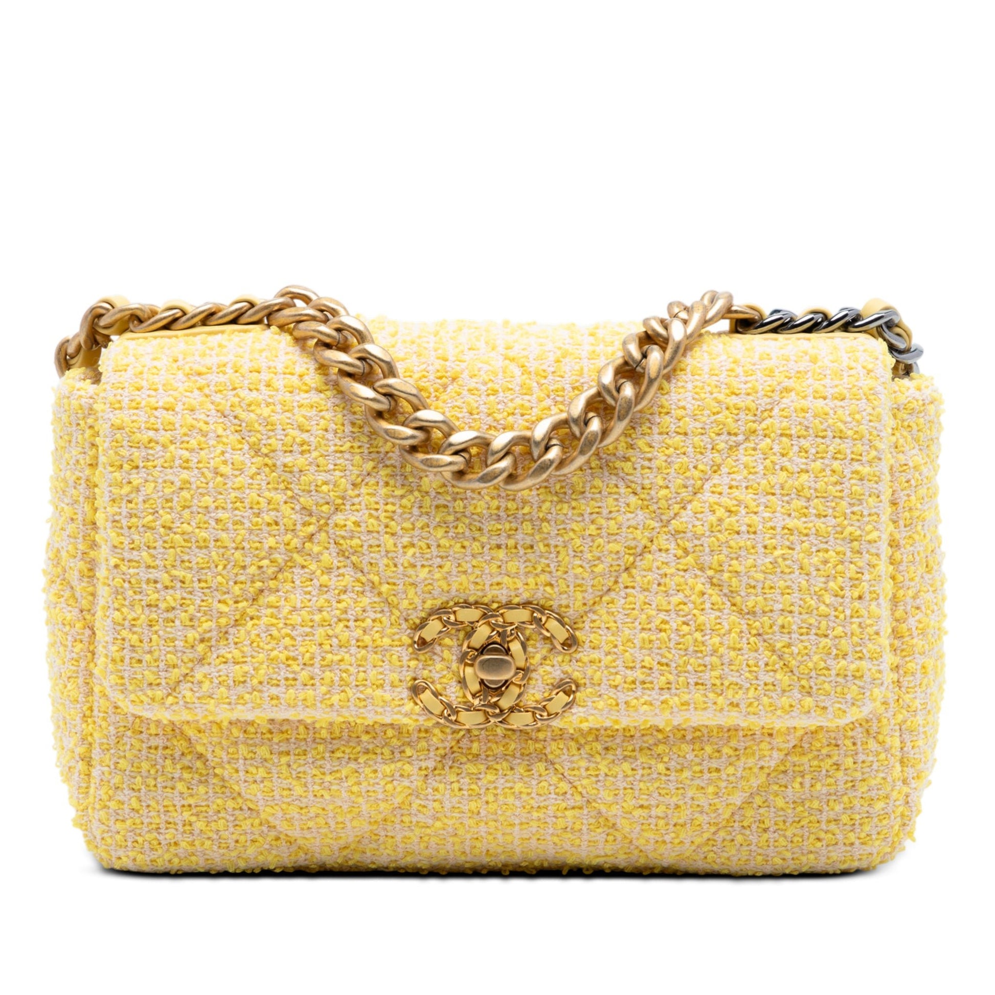 Second hand Chanel CHANEL 19 Medium Tweed Matelassè Flap Handbag Yellow - Tabita Bags