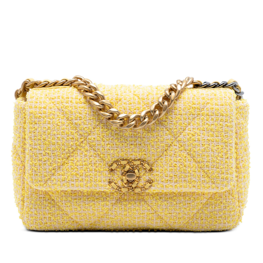 Second hand Chanel CHANEL 19 Medium Tweed Matelassè Flap Handbag Yellow - Tabita Bags