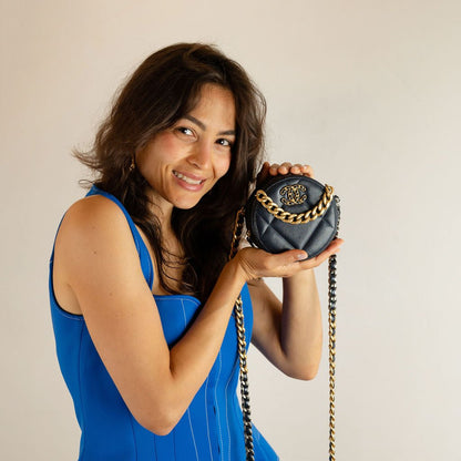 Second hand Chanel CHANEL 19 Round Lambskin Leather Matelassè Clutch With Chain Handbag Navy - Tabita Bags