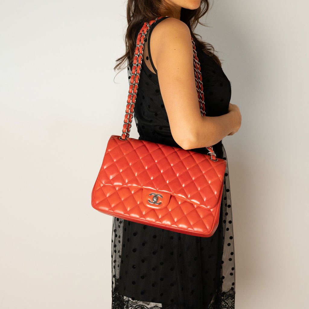Second hand Chanel Classic Double Flap Jumbo Lambskin Leather Chain Bag Red/Orange - Tabita Bags